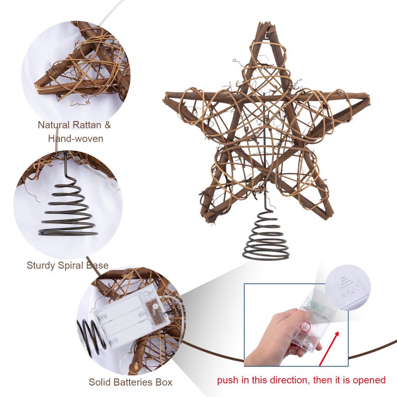 LAWOHO Christmas Tree Topper Farmhouse Christmas Decor Christmas Tree Decorations Rattan Natural Christmas Tree Star with 10 Warm LED Lights for Rustic Christmas Ornaments Holiday Seasonal Decoration 10 Inch - Image 4